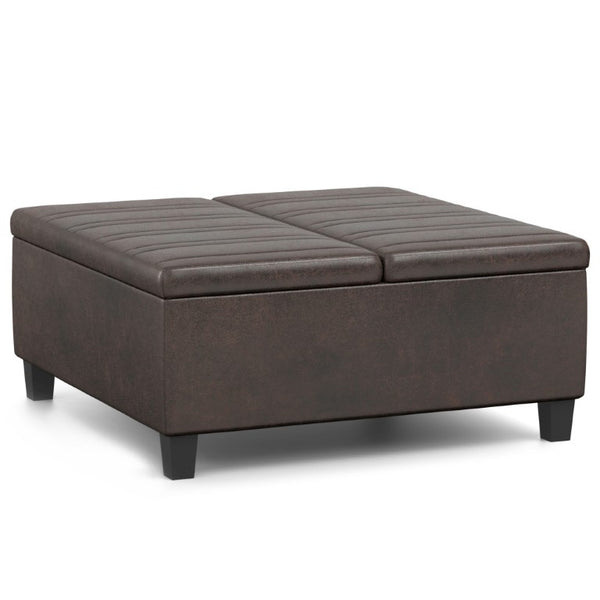 36 Inch Round Faux Leather Storage Ottoman Tufted Footrest for Living Room Seating Decor