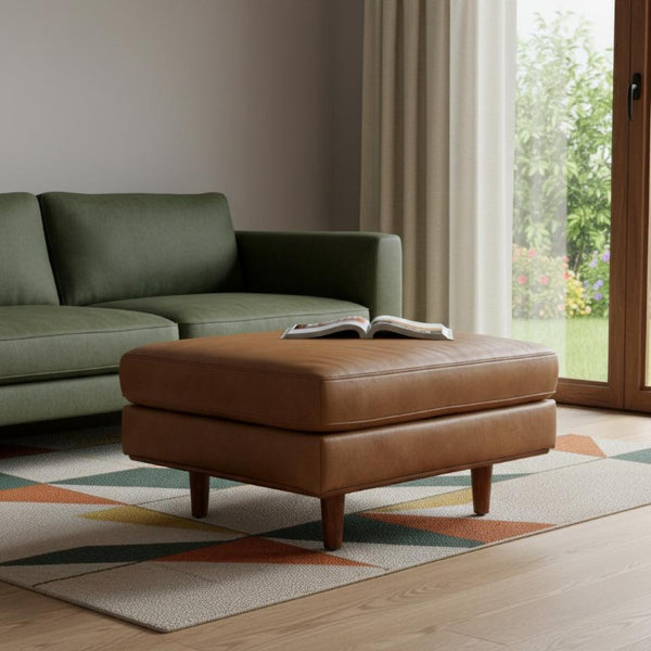 33 Inch Genuine Leather Round Cocktail Ottoman for Living Room Lounge Seating and Display