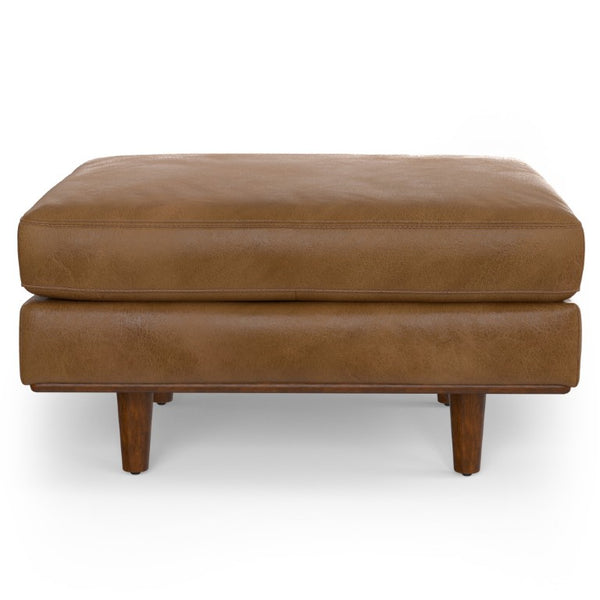 33 Inch Genuine Leather Round Cocktail Ottoman for Living Room Lounge Seating and Display