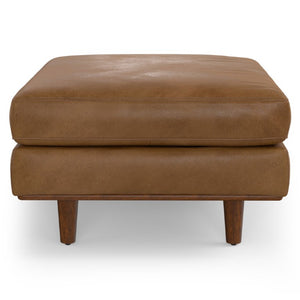 33 Inch Genuine Leather Round Cocktail Ottoman for Living Room Lounge Seating and Display