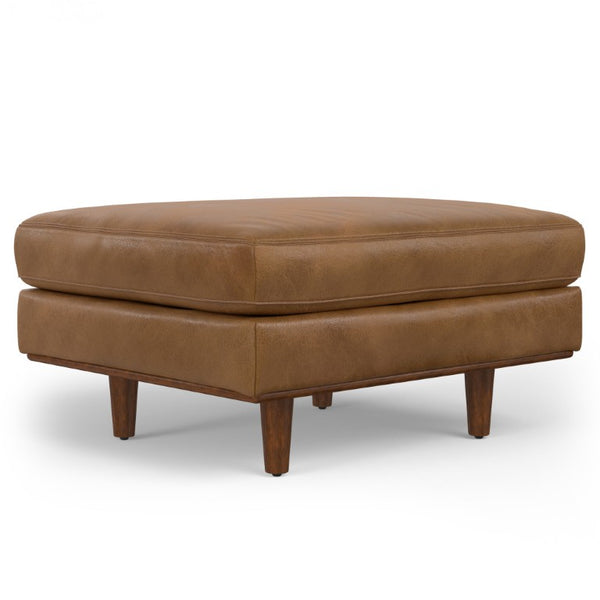 33 Inch Genuine Leather Round Cocktail Ottoman for Living Room Lounge Seating and Display