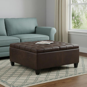 36 Inch Tufted Faux Leather Storage Ottoman Espresso Brown Living Room Accent