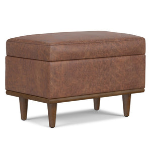 26 Inch Faux Leather Round Storage Ottoman Walnut Base Living Room Accent Pouf