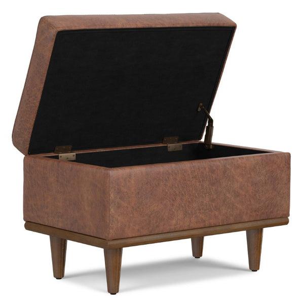 26 Inch Faux Leather Round Storage Ottoman Walnut Base Living Room Accent Pouf