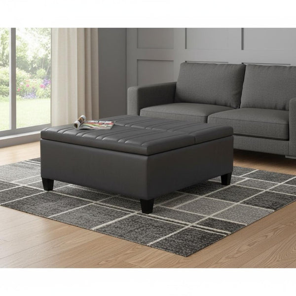 36 Inch Round Faux Leather Storage Ottoman with Stone Espresso Finish for Living Rooms