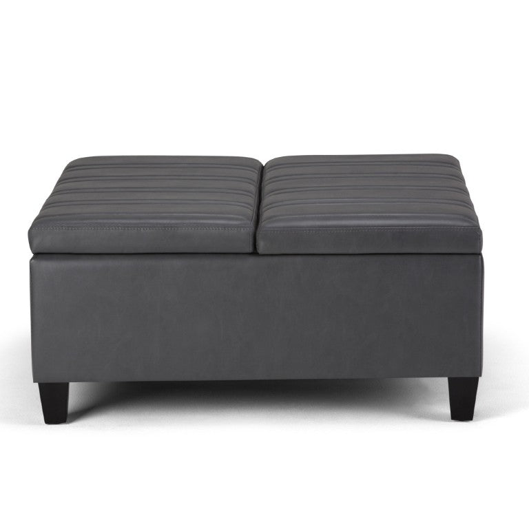 HomeRoots 36 Inch Round Faux Leather Storage Ottoman with Stone Espresso Finish for Living Rooms 641751