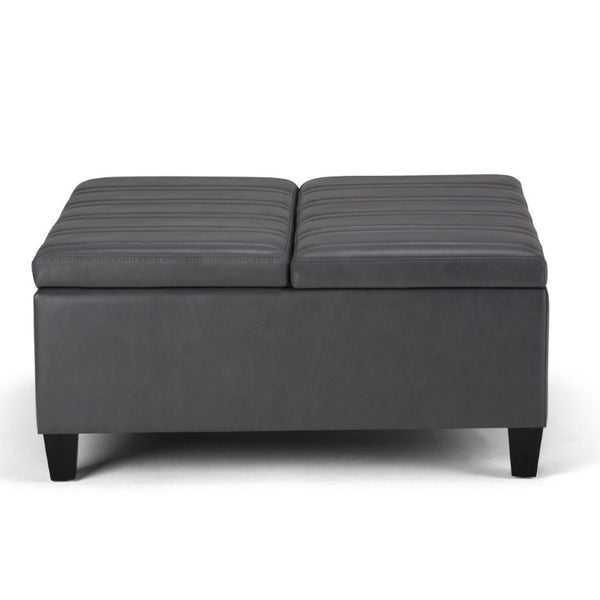 HomeRoots 36 Inch Round Faux Leather Storage Ottoman with Stone Espresso Finish for Living Rooms 641751