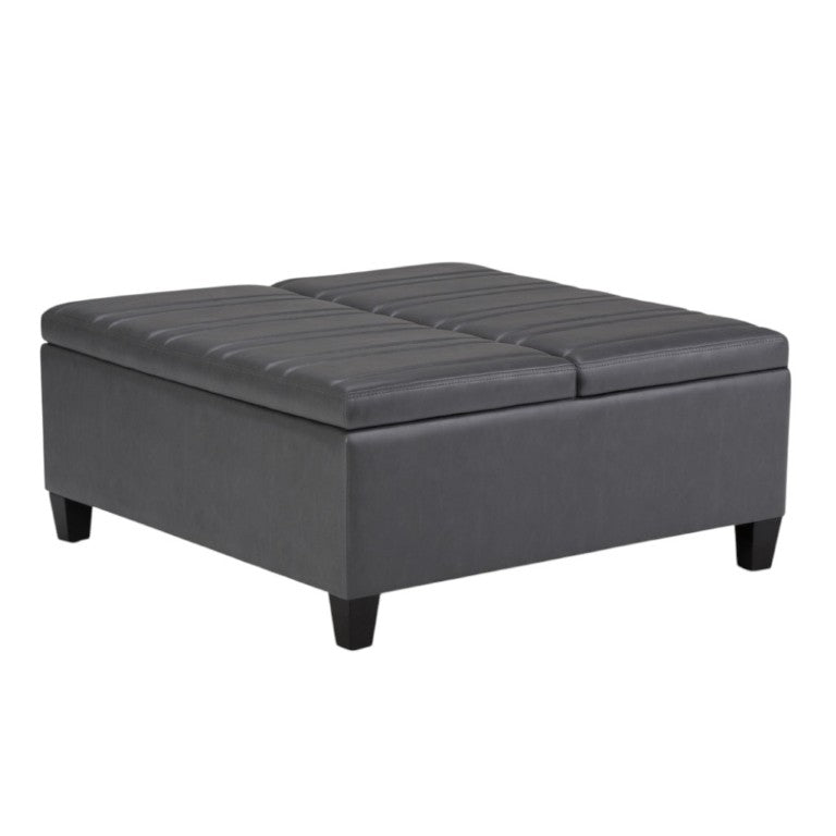HomeRoots 36 Inch Round Faux Leather Storage Ottoman with Stone Espresso Finish for Living Rooms 641751