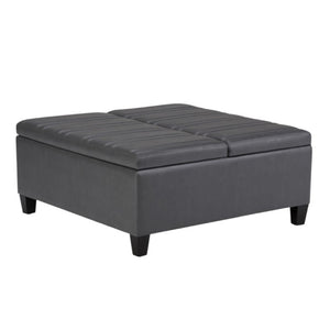 36 Inch Round Faux Leather Storage Ottoman with Stone Espresso Finish for Living Rooms