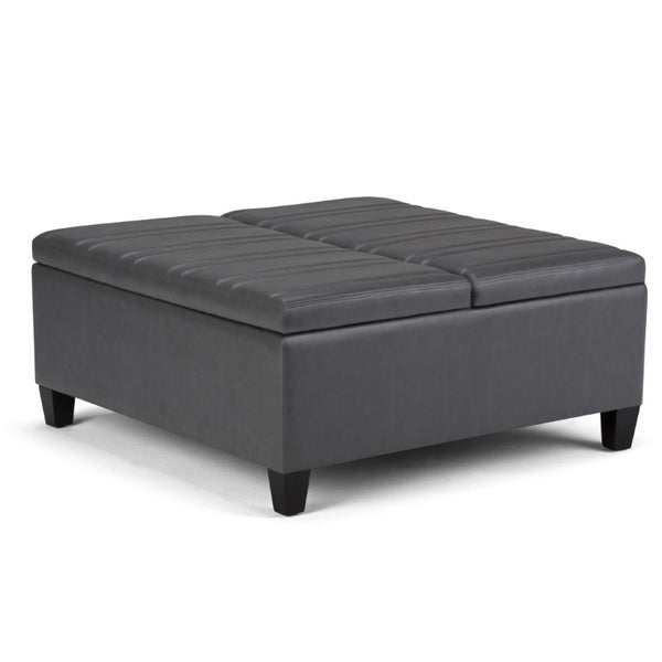 36 Inch Round Faux Leather Storage Ottoman with Stone Espresso Finish for Living Rooms