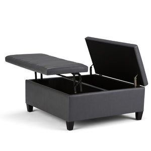 36 Inch Round Faux Leather Storage Ottoman with Stone Espresso Finish for Living Rooms