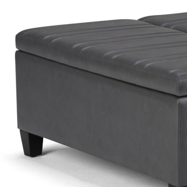 36 Inch Round Faux Leather Storage Ottoman with Stone Espresso Finish for Living Rooms