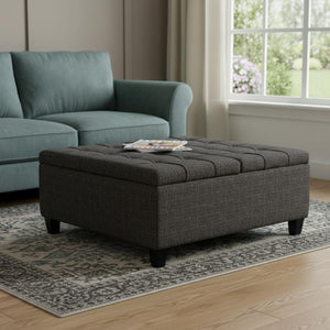 36 Inch Tufted Storage Ottoman in Ebony Espresso Upholstery for Living Room Decor