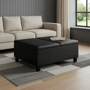 36 Inch Round Faux Leather Storage Ottoman Tufted Cocktail Footrest for Living Room Decor