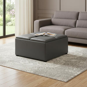 35 Inch Round Faux Leather Storage Ottoman in Stone and Dark Brown Finish