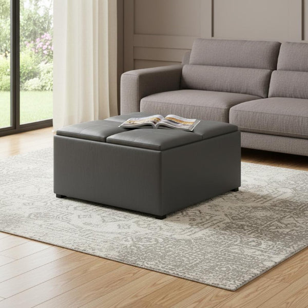 35 Inch Round Faux Leather Storage Ottoman in Stone and Dark Brown Finish