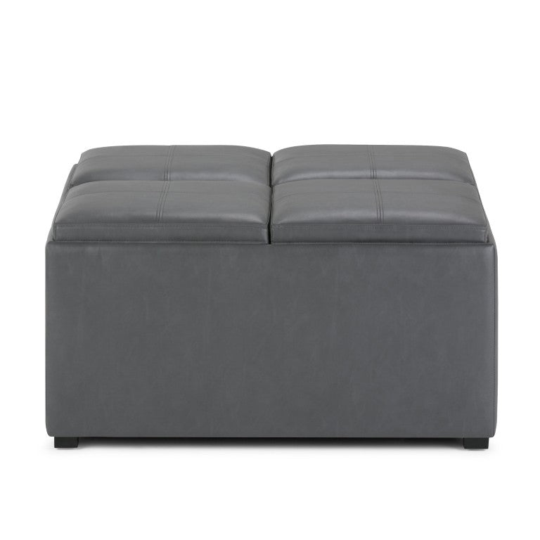 HomeRoots 35 Inch Round Faux Leather Storage Ottoman in Stone and Dark Brown Finish 641787