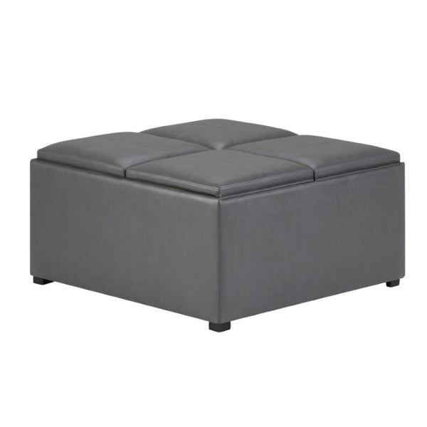 35 Inch Round Faux Leather Storage Ottoman in Stone and Dark Brown Finish
