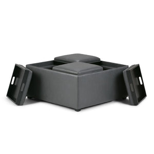 35 Inch Round Faux Leather Storage Ottoman in Stone and Dark Brown Finish