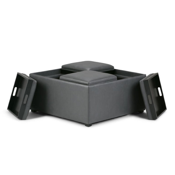 35 Inch Round Faux Leather Storage Ottoman in Stone and Dark Brown Finish