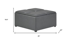 35 Inch Round Faux Leather Storage Ottoman in Stone and Dark Brown Finish