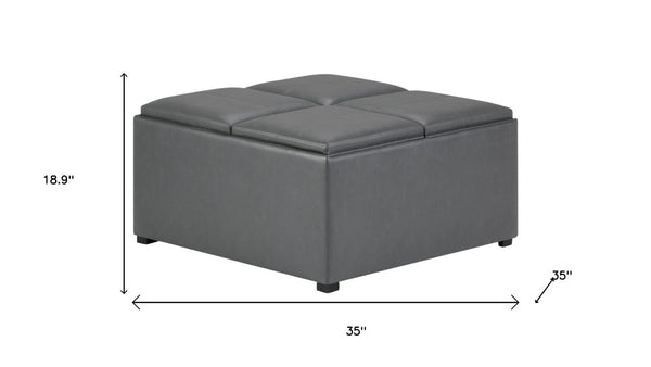 35 Inch Round Faux Leather Storage Ottoman in Stone and Dark Brown Finish