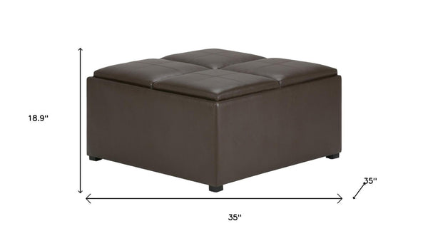 35 Inch Faux Leather Storage Ottoman Tufted Living Room Footrest with Hidden Interior