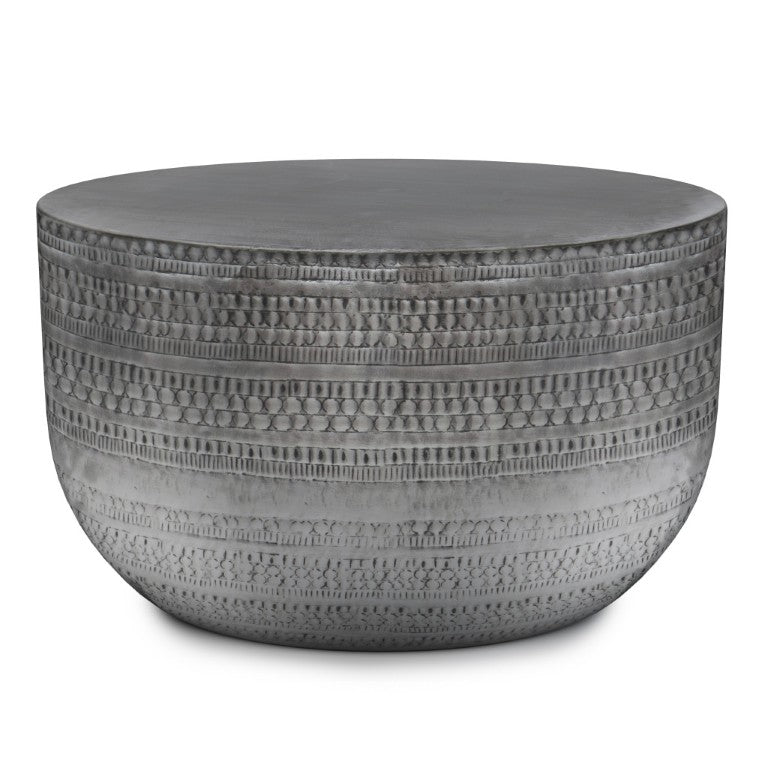 HomeRoots 18 Inch Antique Silver Iron Drum Side Table with Distressed Finish for Living Room 641873