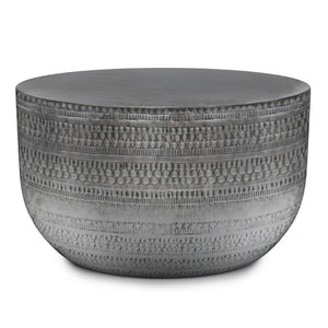 HomeRoots 18 Inch Antique Silver Iron Drum Side Table with Distressed Finish for Living Room 641873