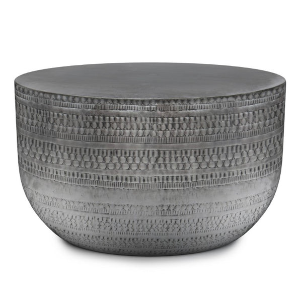 HomeRoots 18 Inch Antique Silver Iron Drum Side Table with Distressed Finish for Living Room 641873