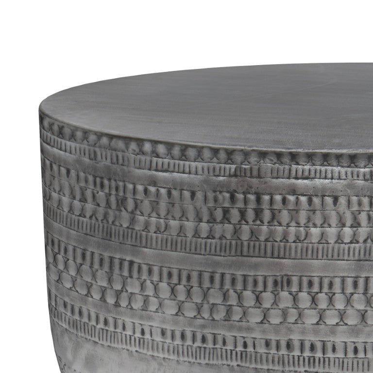 HomeRoots 18 Inch Antique Silver Iron Drum Side Table with Distressed Finish for Living Room 641873