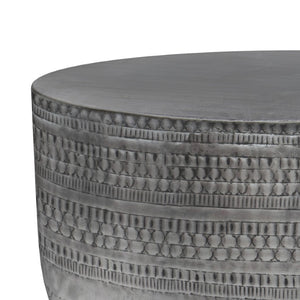 18 Inch Antique Silver Iron Drum Side Table with Distressed Finish for Living Room