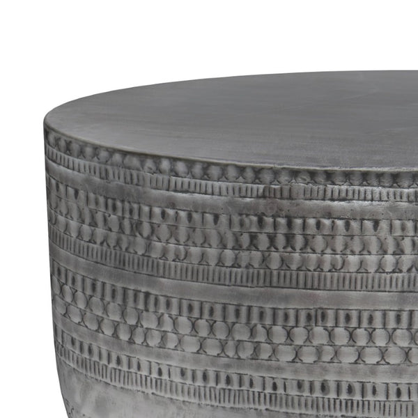 18 Inch Antique Silver Iron Drum Side Table with Distressed Finish for Living Room