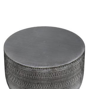 18 Inch Antique Silver Iron Drum Side Table with Distressed Finish for Living Room