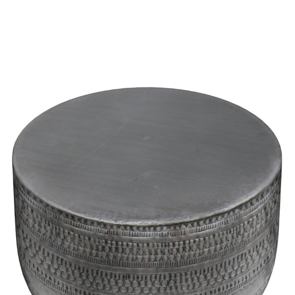 18 Inch Antique Silver Iron Drum Side Table with Distressed Finish for Living Room