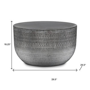 18 Inch Antique Silver Iron Drum Side Table with Distressed Finish for Living Room