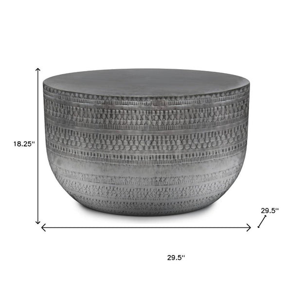18 Inch Antique Silver Iron Drum Side Table with Distressed Finish for Living Room