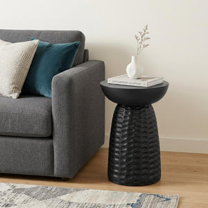 18 Inch Solid Wood Round Pedestal Accent Table with Distressed Farmhouse Finish for Living Room