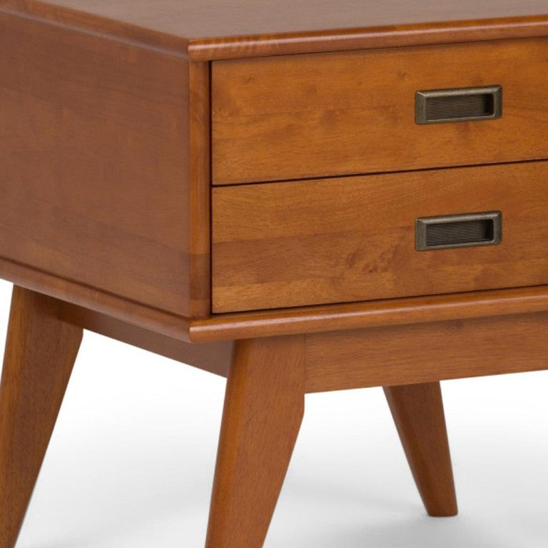 22 Inch Solid Wood End Table with Two Storage Drawers Varnished Finish Living Room