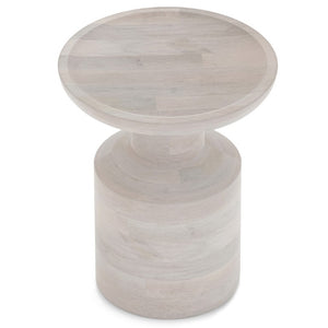 18 Inch Solid Wood Round Drum Side Table with Washed White Distressed Farmhouse Finish