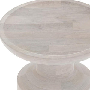 18 Inch Solid Wood Round Drum Side Table with Washed White Distressed Farmhouse Finish