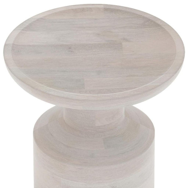 18 Inch Solid Wood Round Drum Side Table with Washed White Distressed Farmhouse Finish