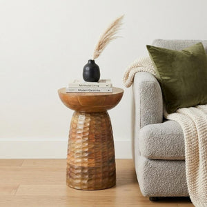 18 Inch Solid Wood Round Pedestal Accent Table with Distressed Farmhouse Finish for Living Room