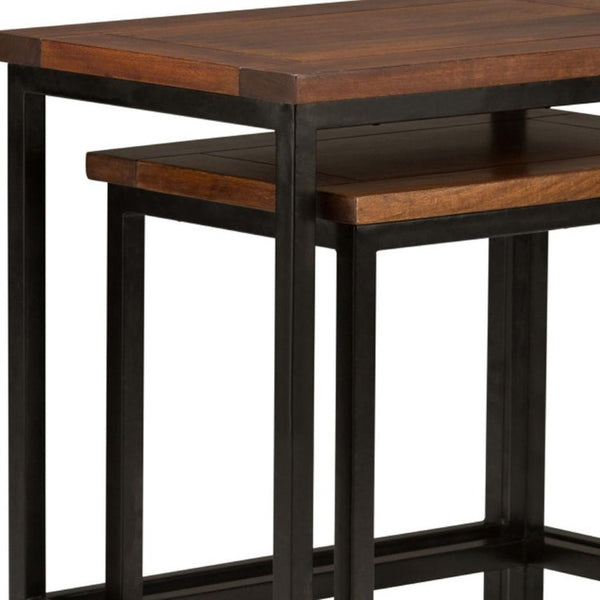 Set of Two Nesting Accent Tables Solid Wood Steel Frame Modern Living Room Decor