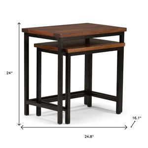 Set of Two Nesting Accent Tables Solid Wood Steel Frame Modern Living Room Decor