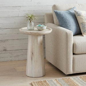19 Inch Solid Wood Round Pedestal End Table with Washed Distressed Rustic Finish