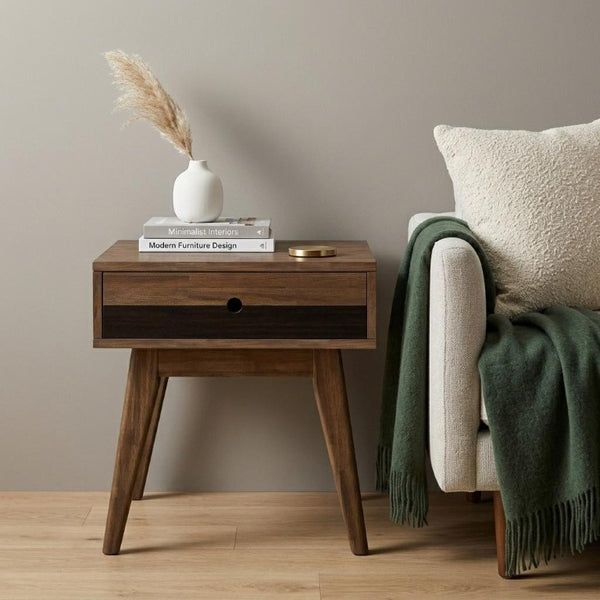 22 Inch Solid Wood Accent Table with Drawer Varnished Finish for Living Room