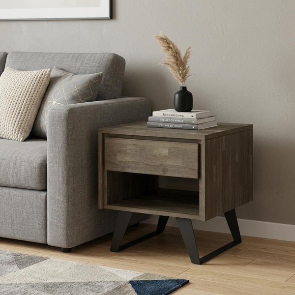 22 Inch Distressed Solid Wood Iron Sled End Table with Storage Drawer Open Shelf