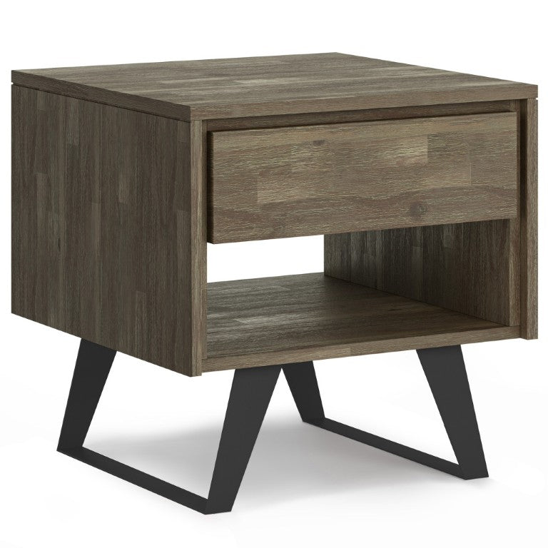 HomeRoots 22 Inch Distressed Solid Wood Iron Sled End Table with Storage Drawer Open Shelf 641891