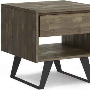 22 Inch Distressed Solid Wood Iron Sled End Table with Storage Drawer Open Shelf